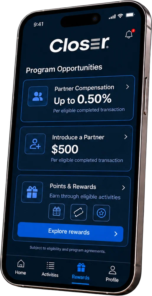 Closer app showing program opportunities: partner compensation, partner introductions and points and rewards